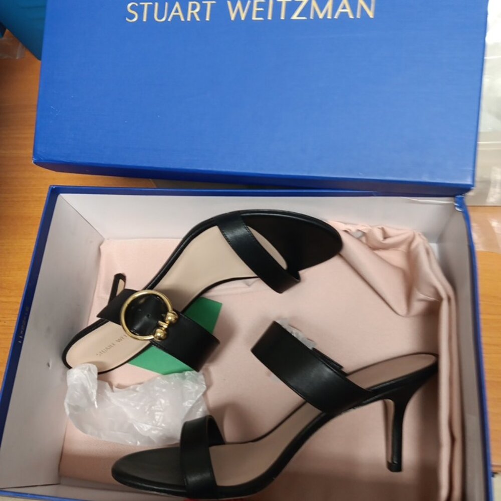 NEW Stuart Weitzman Belinda black leather slide sandal in size 9 B